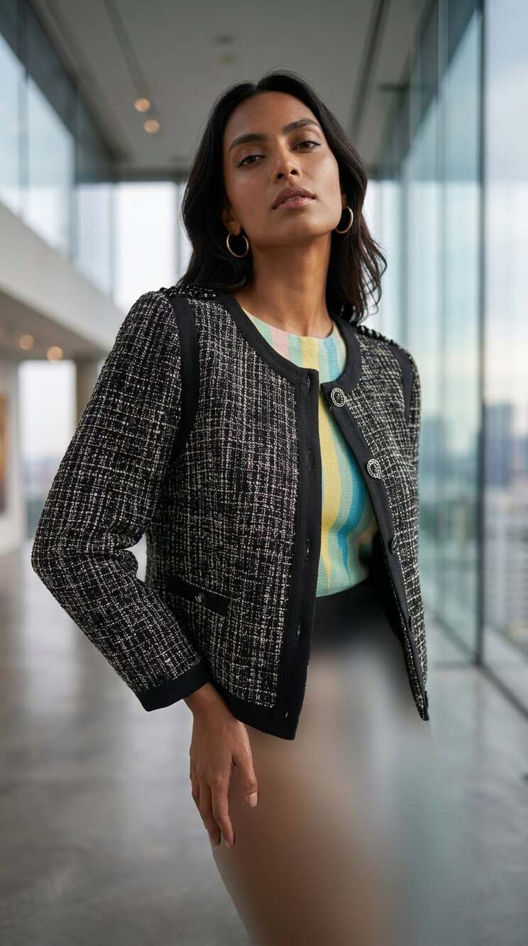 H&M Black and White Tweed Textured Jacket with Decorative Embellishments